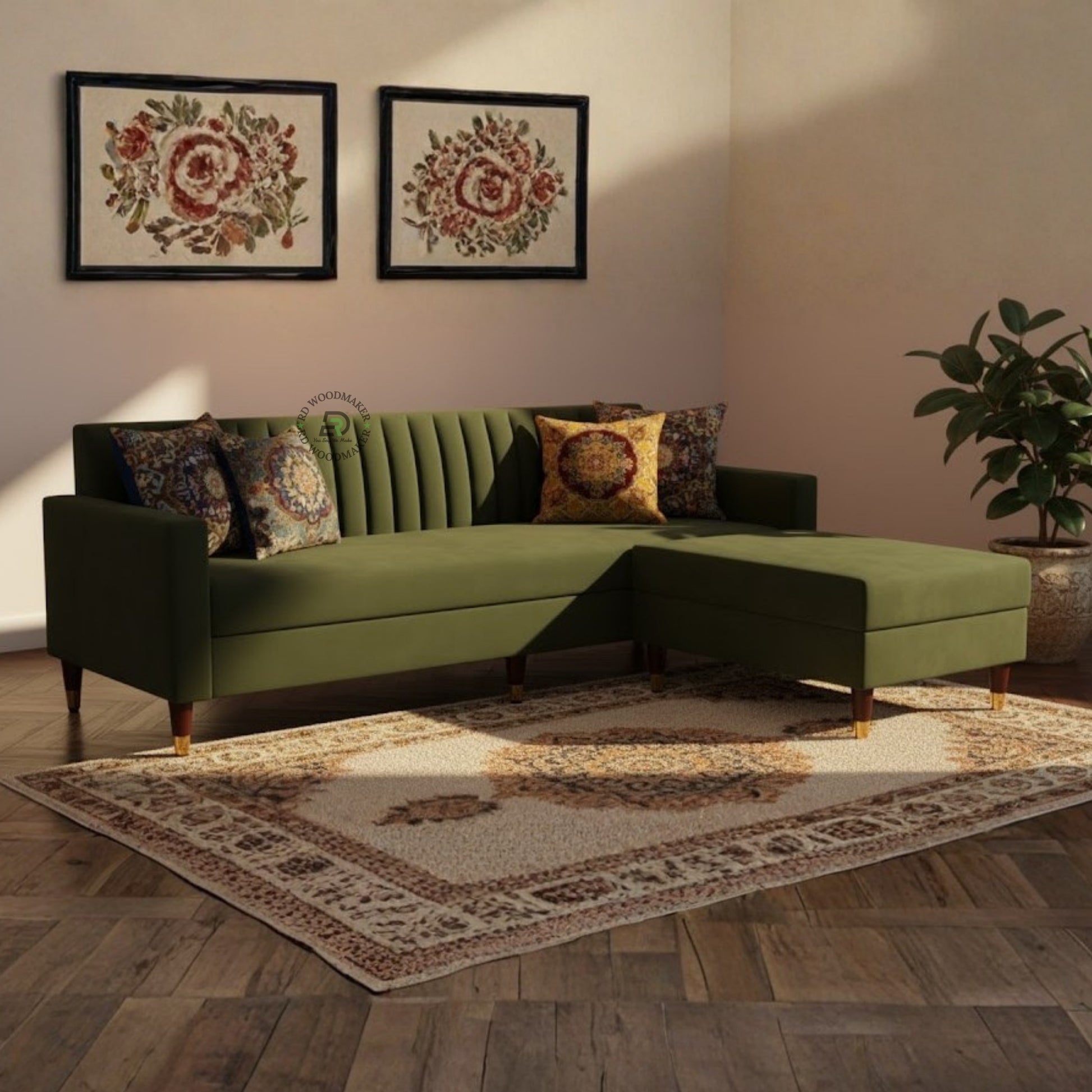 TRADITIONAL WOODEN ARM SOFA WITH CARVED DETAILS
