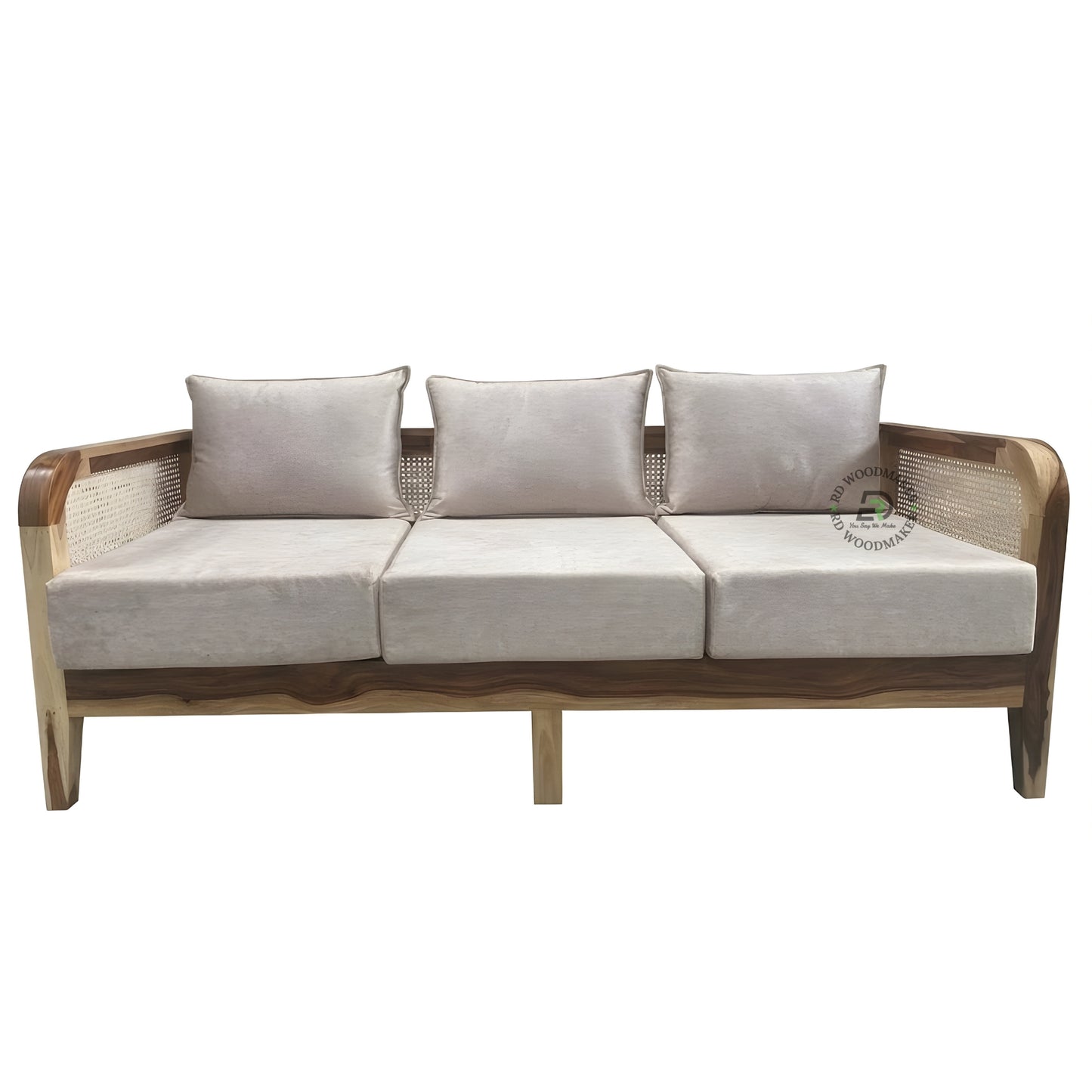 SOLID WOOD 3 SEATER SOFA WITH CURVED CANE ARMS