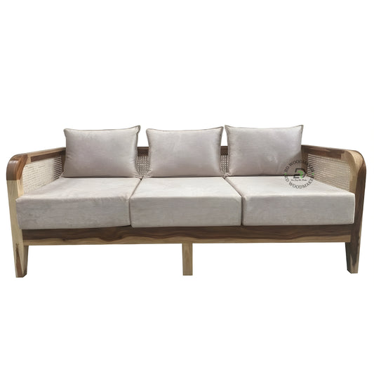 SOLID WOOD 3 SEATER SOFA WITH CURVED CANE ARMS
