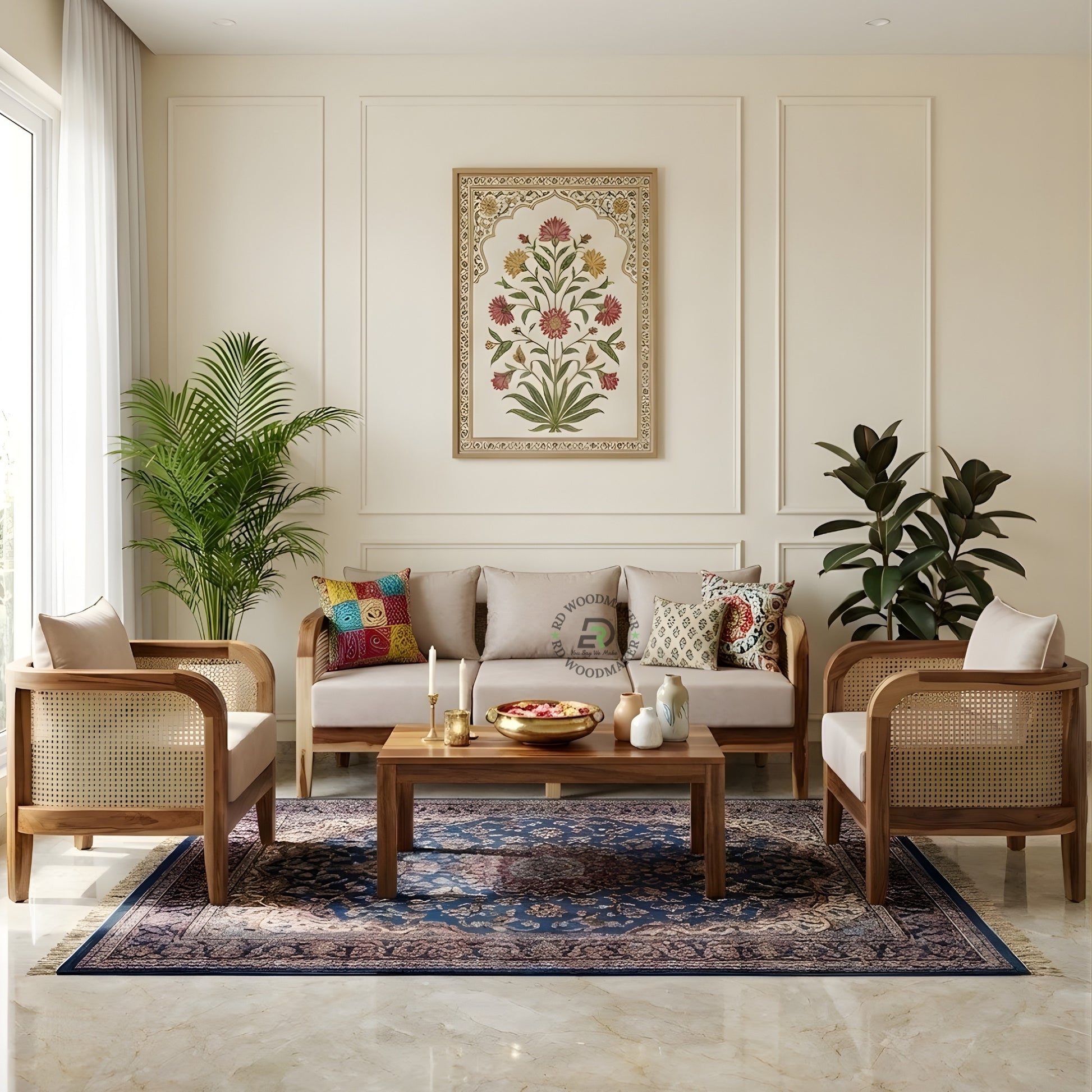 SOLID WOOD 3 SEATER SOFA WITH CURVED CANE ARMS
