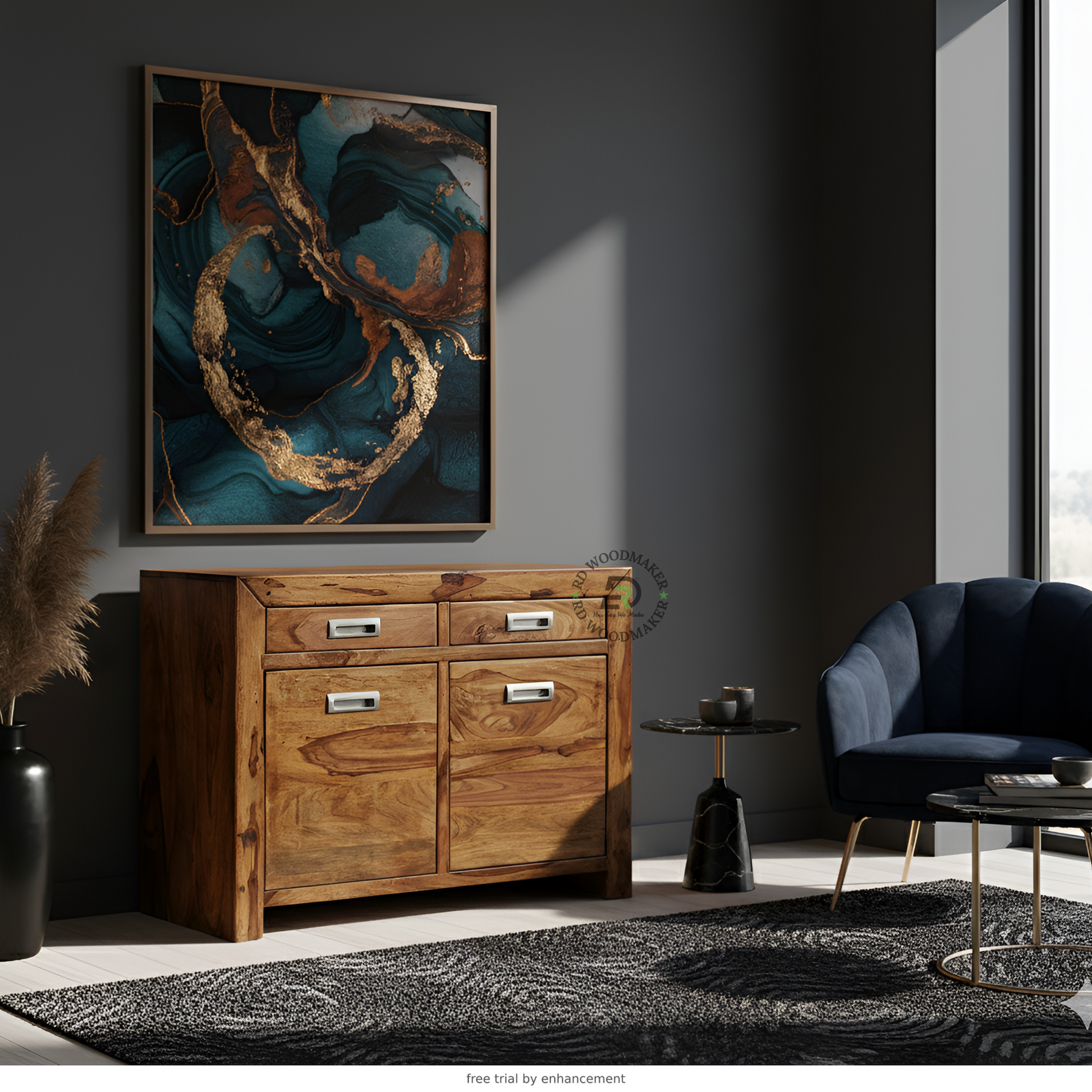 Sheesham Wood Compact Storage Sideboard with Drawers & Cabinet
