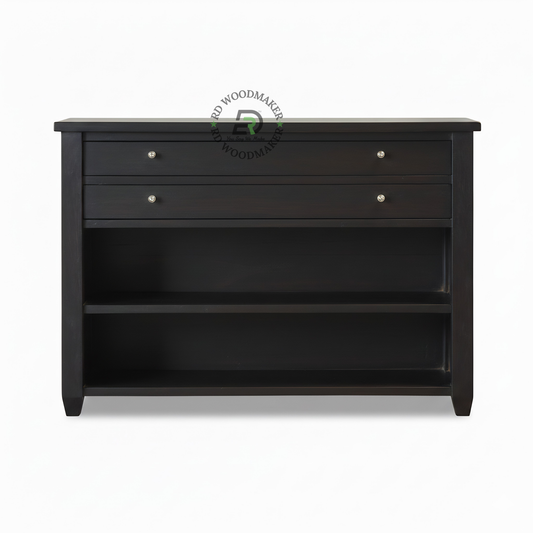 Modern Black Wooden Sideboard with Drawers & Open Shelf Storage