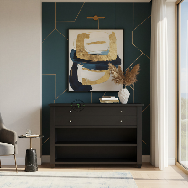 MODERN BLACK WOODEN SIDEBOARD WITH DRAWERS & OPEN SHELF STORAGE