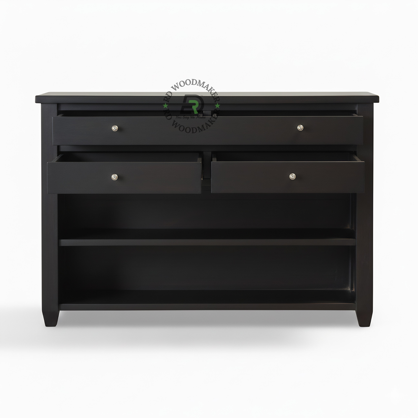 Modern Black Wooden Sideboard with Drawers & Open Shelf Storage