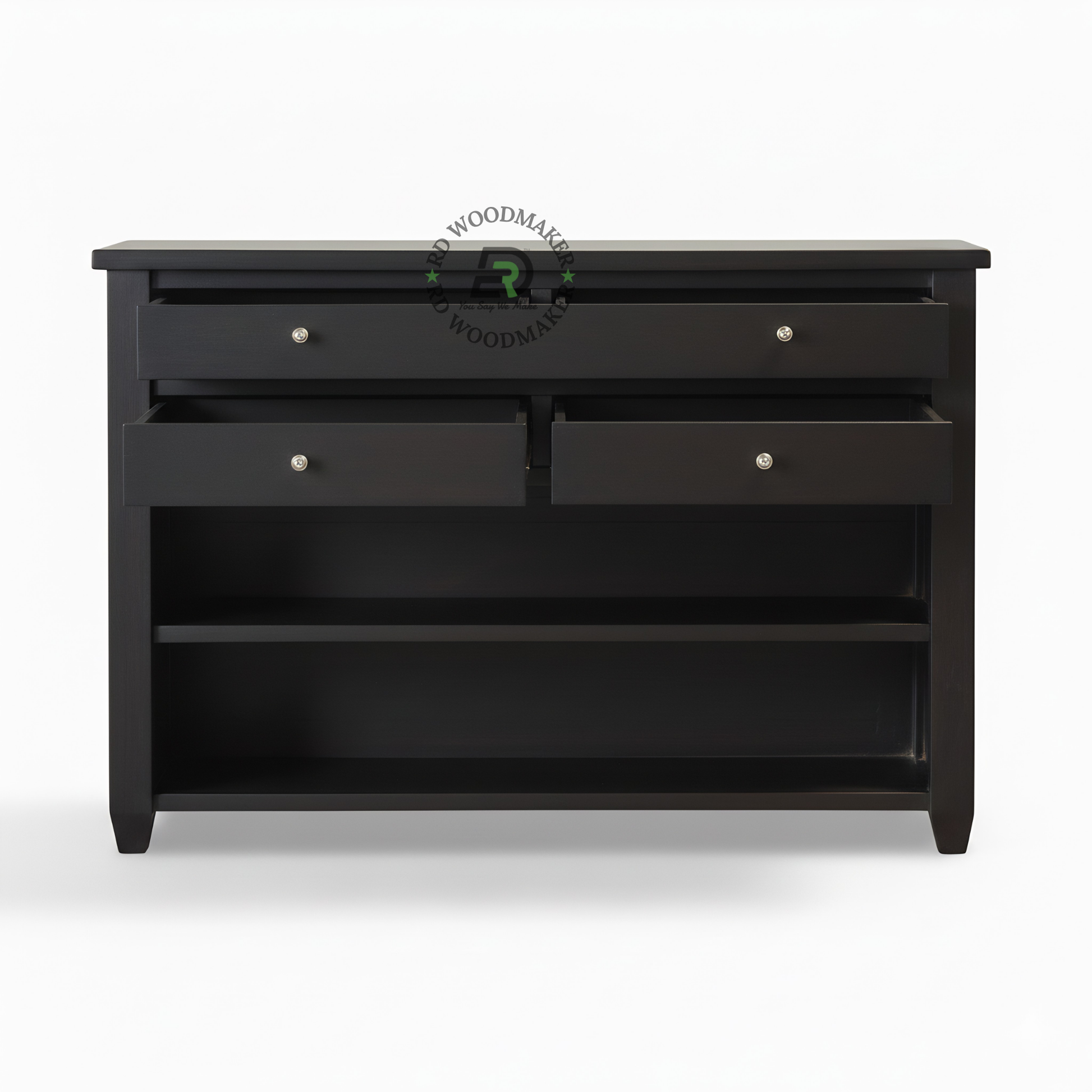 Modern Black Wooden Sideboard with Drawers & Open Shelf Storage