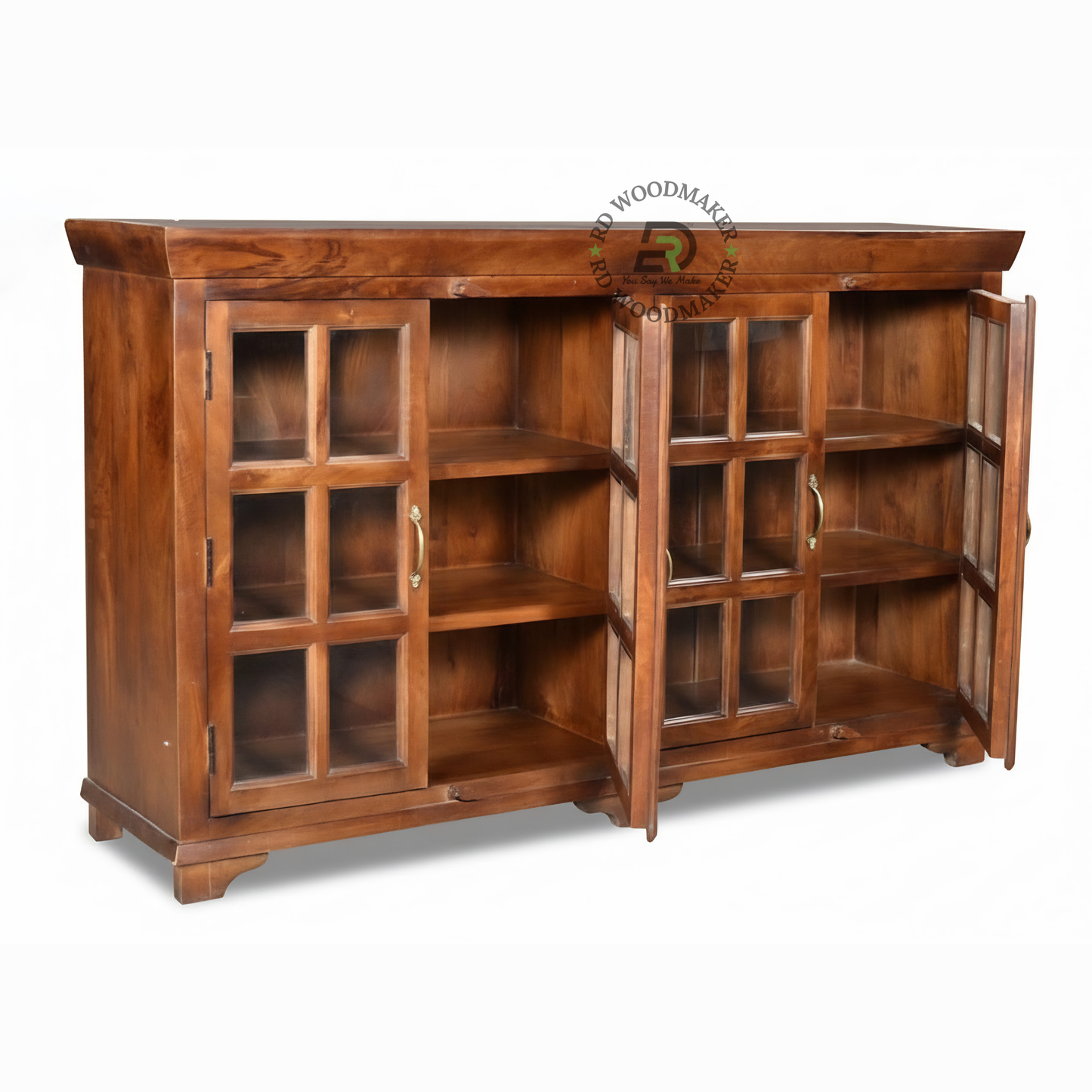 CLASSIC WOODEN GLASS PANEL SIDEBOARD WITH FOUR DOORS
