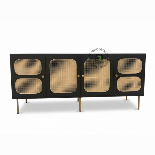 MODERN BLACK CANE PANEL SIDEBOARD WITH GOLD LEGS