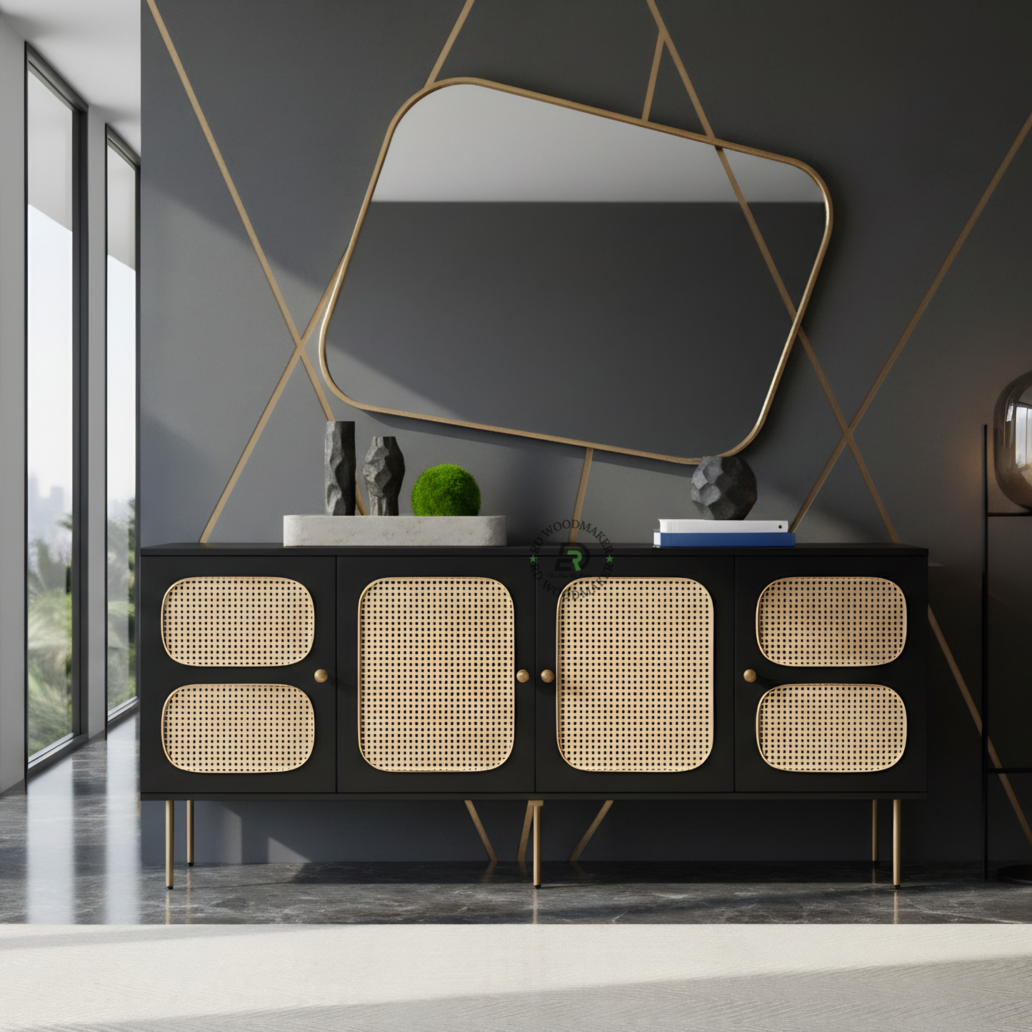MODERN BLACK CANE PANEL SIDEBOARD WITH GOLD LEGS