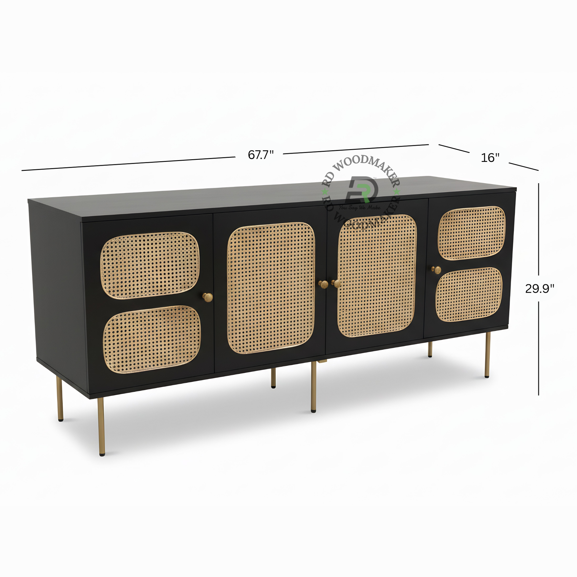 MODERN BLACK CANE PANEL SIDEBOARD WITH GOLD LEGS