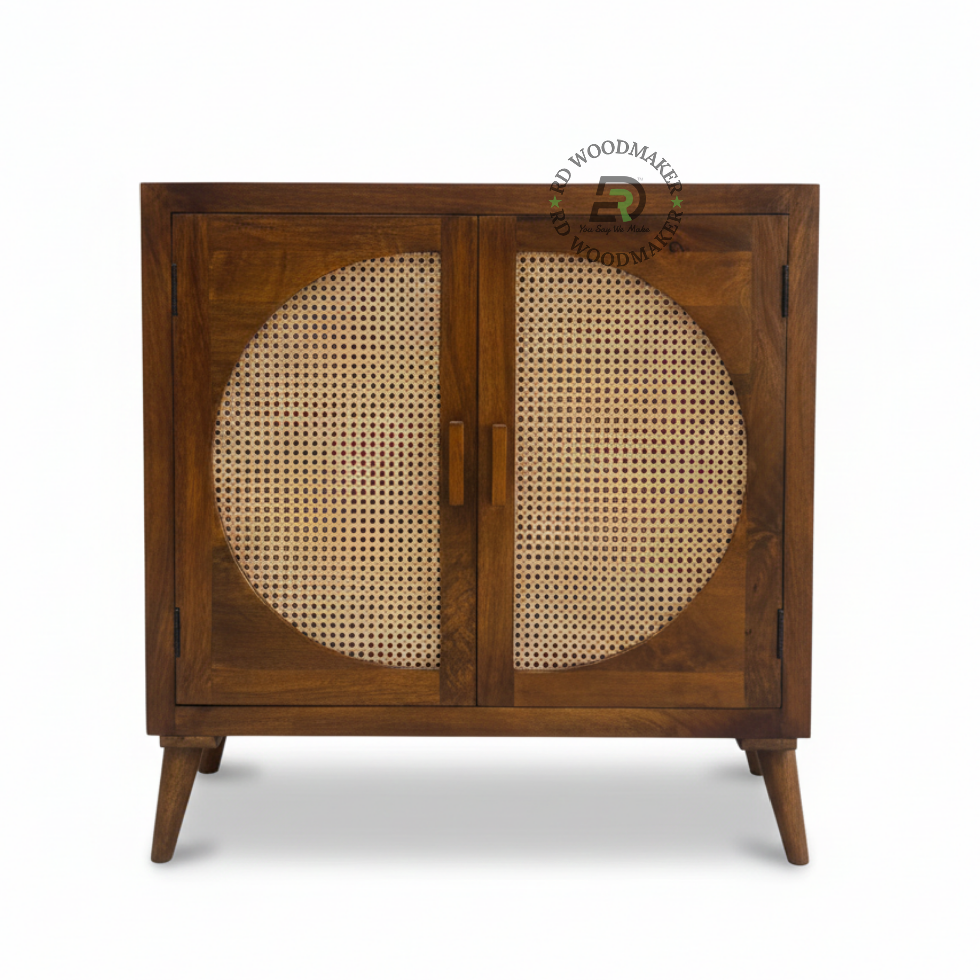MID-CENTURY WOODEN SIDEBOARD WITH CANE PANEL DOORS