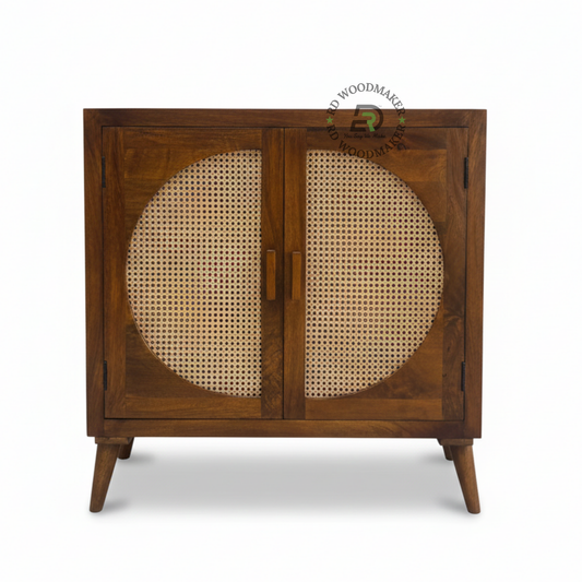 MID-CENTURY WOODEN SIDEBOARD WITH CANE PANEL DOORS