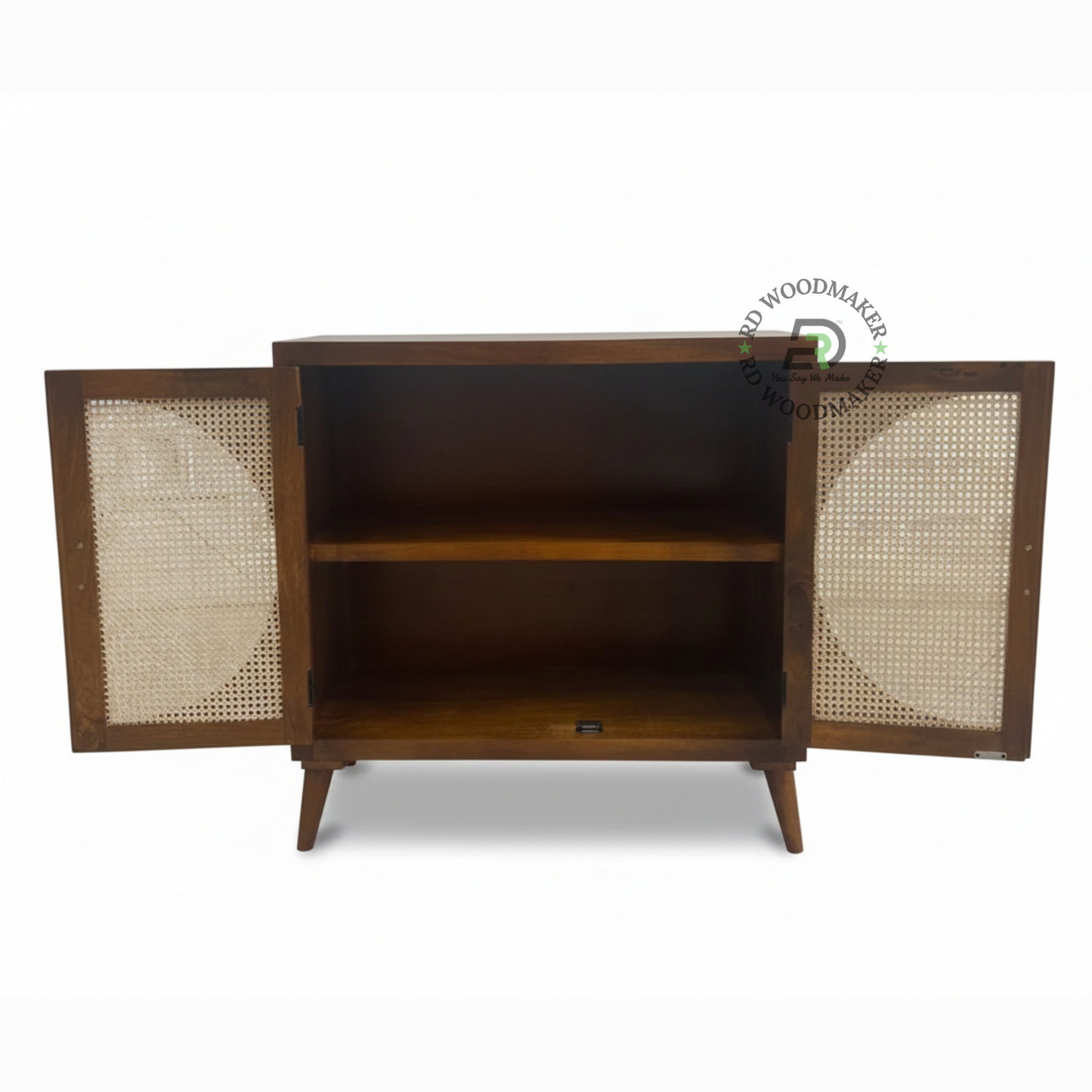 MID-CENTURY WOODEN SIDEBOARD WITH CANE PANEL DOORS