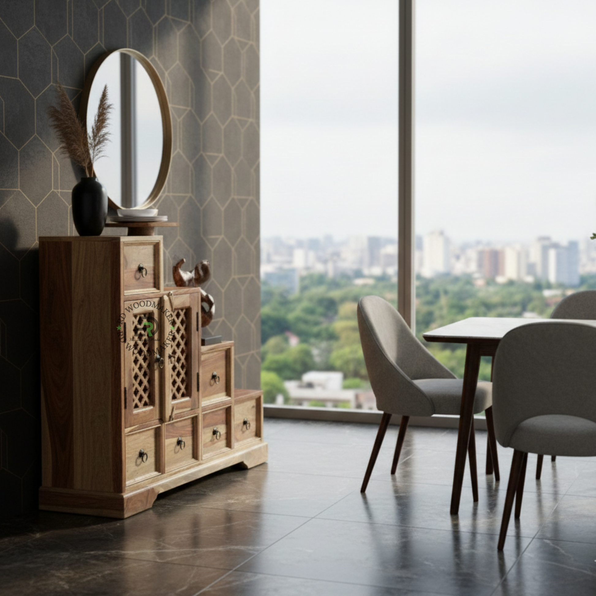 STEP DESIGN MULTI-LEVEL WOODEN SIDEBOARD WITH DRAWERS