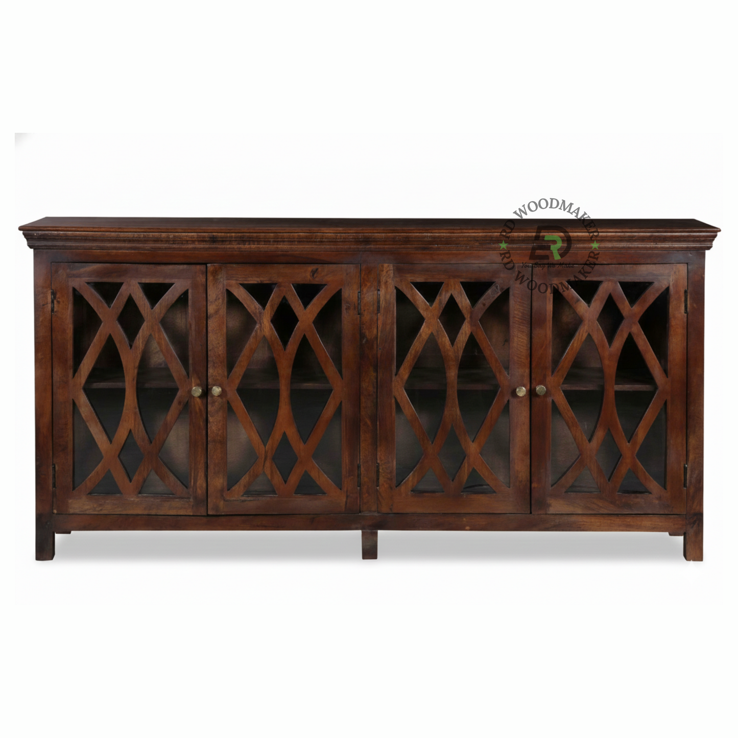 CLASSIC DARK WOOD GLASS DOOR SIDEBOARD WITH CARVED PANELS