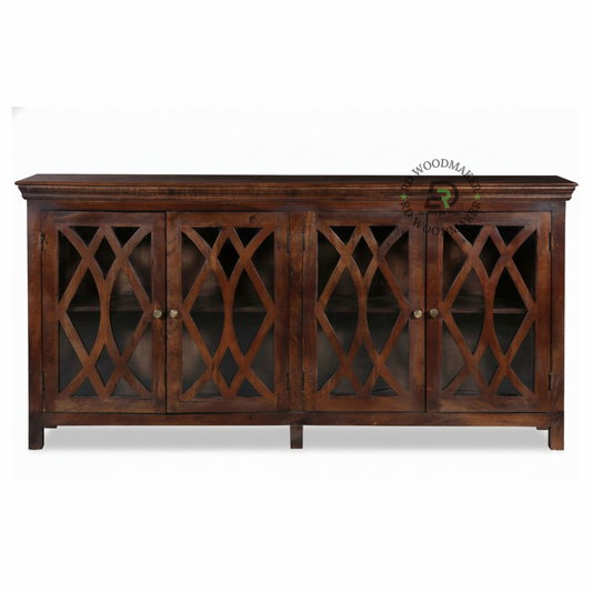 CLASSIC DARK WOOD GLASS DOOR SIDEBOARD WITH CARVED PANELS