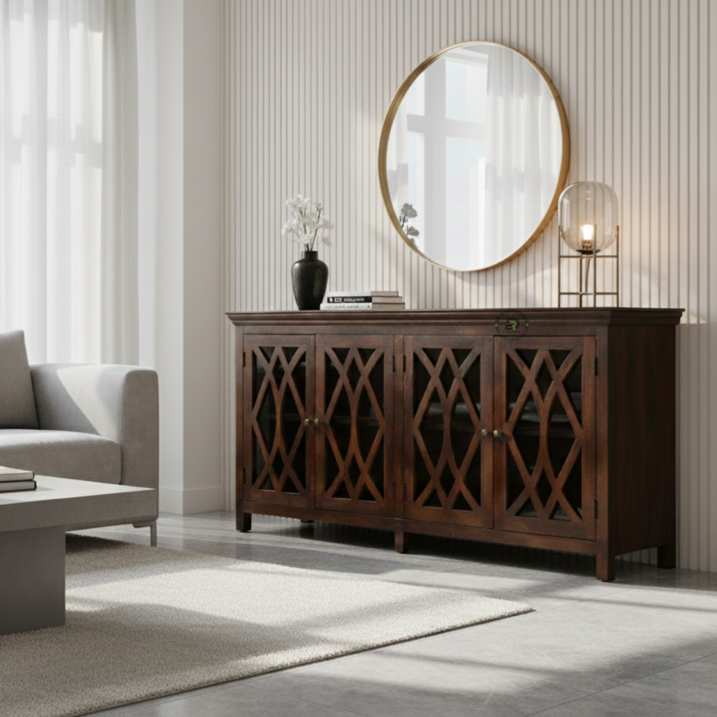 CLASSIC DARK WOOD GLASS DOOR SIDEBOARD WITH CARVED PANELS
