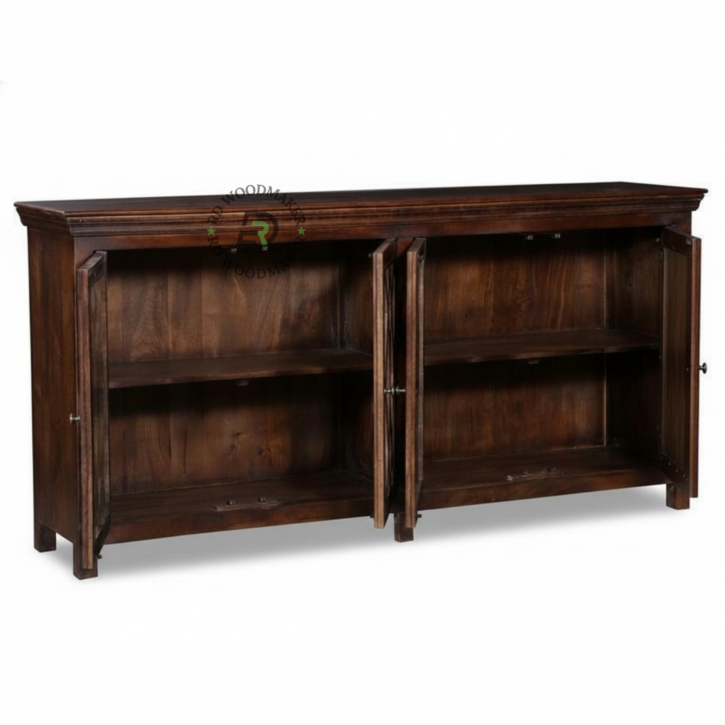 CLASSIC DARK WOOD GLASS DOOR SIDEBOARD WITH CARVED PANELS