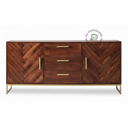 Modern Chevron Design Wooden Sideboard with Brass Finish Base