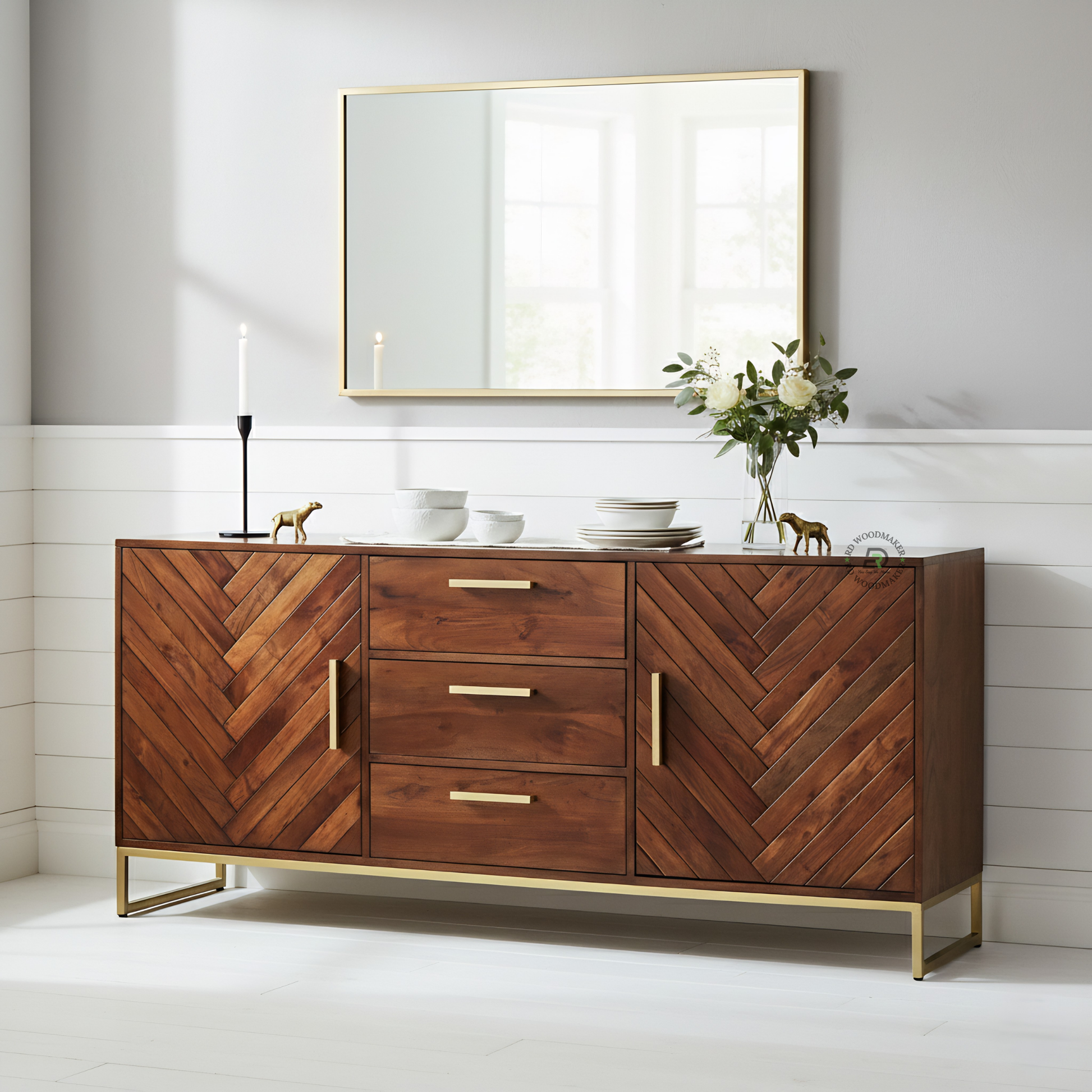Modern Chevron Design Wooden Sideboard with Brass Finish Base