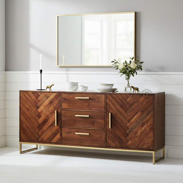 MODERN CHEVRON DESIGN WOODEN SIDEBOARD WITH BRASS FINISH BASE