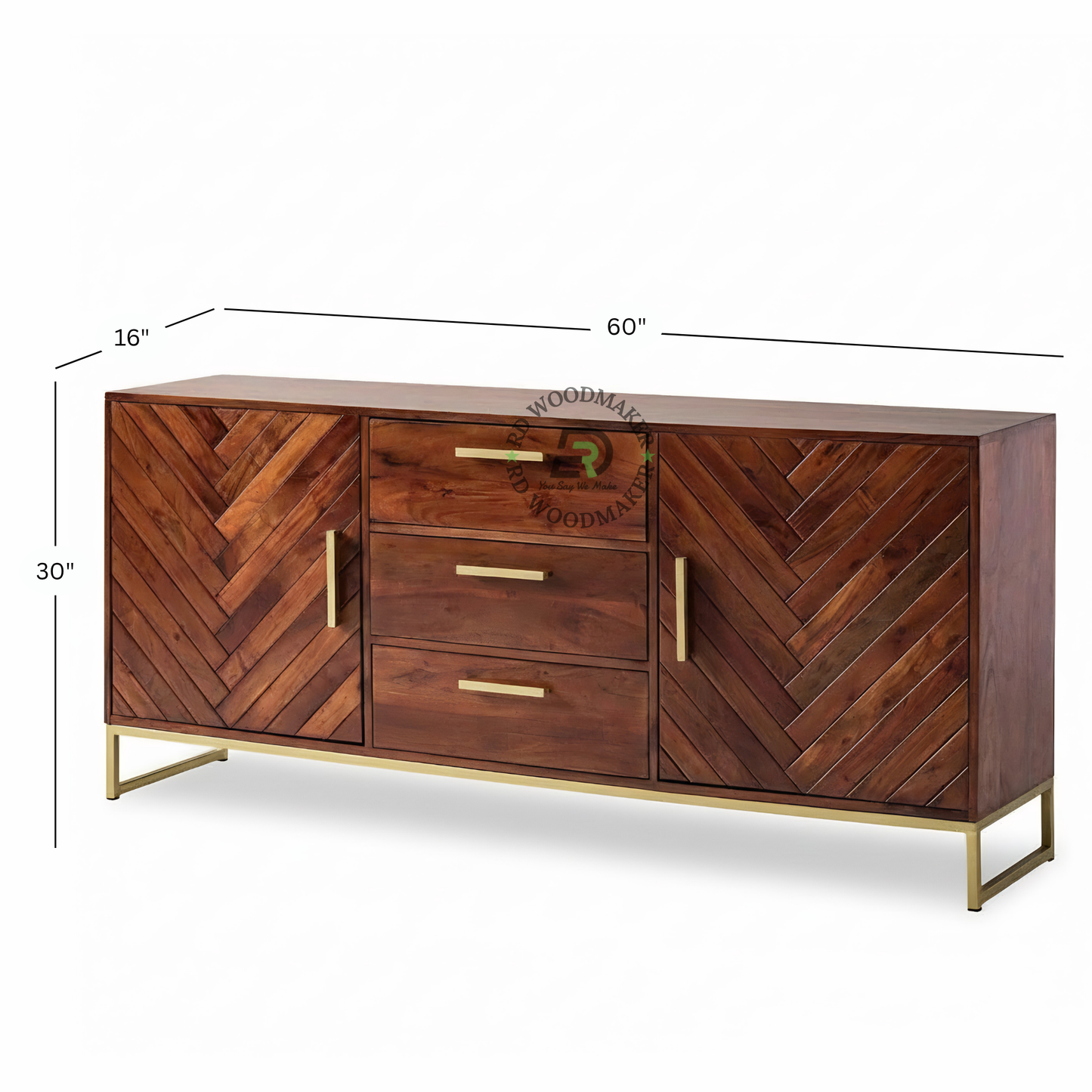 Modern Chevron Design Wooden Sideboard with Brass Finish Base