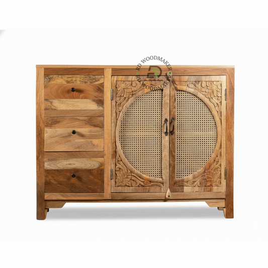 HANDCARVED CANE DESIGN WOODEN SIDEBOARD
