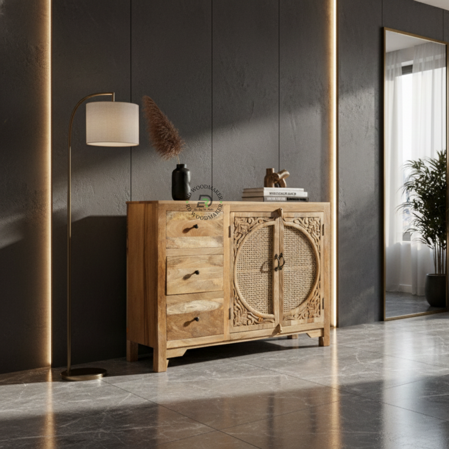 HANDCARVED CANE DESIGN WOODEN SIDEBOARD
