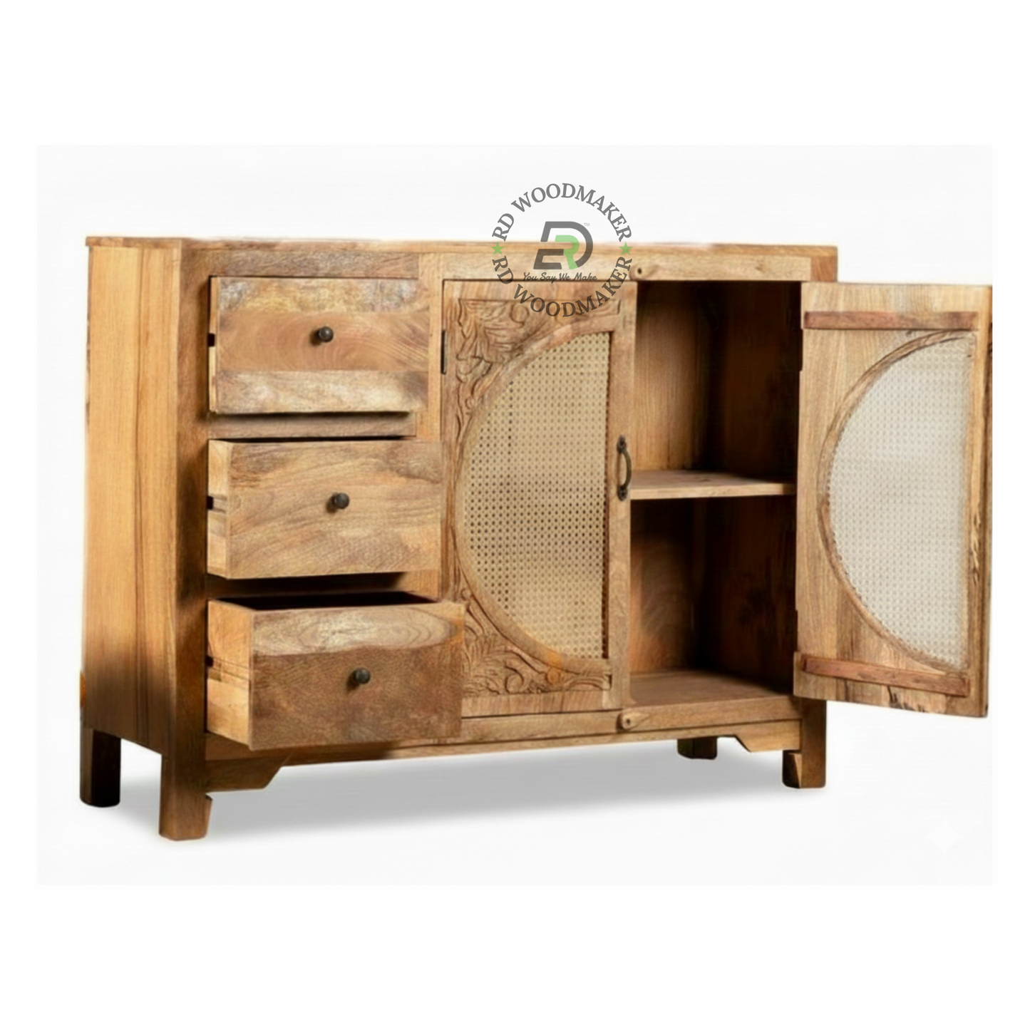 HANDCARVED CANE DESIGN WOODEN SIDEBOARD