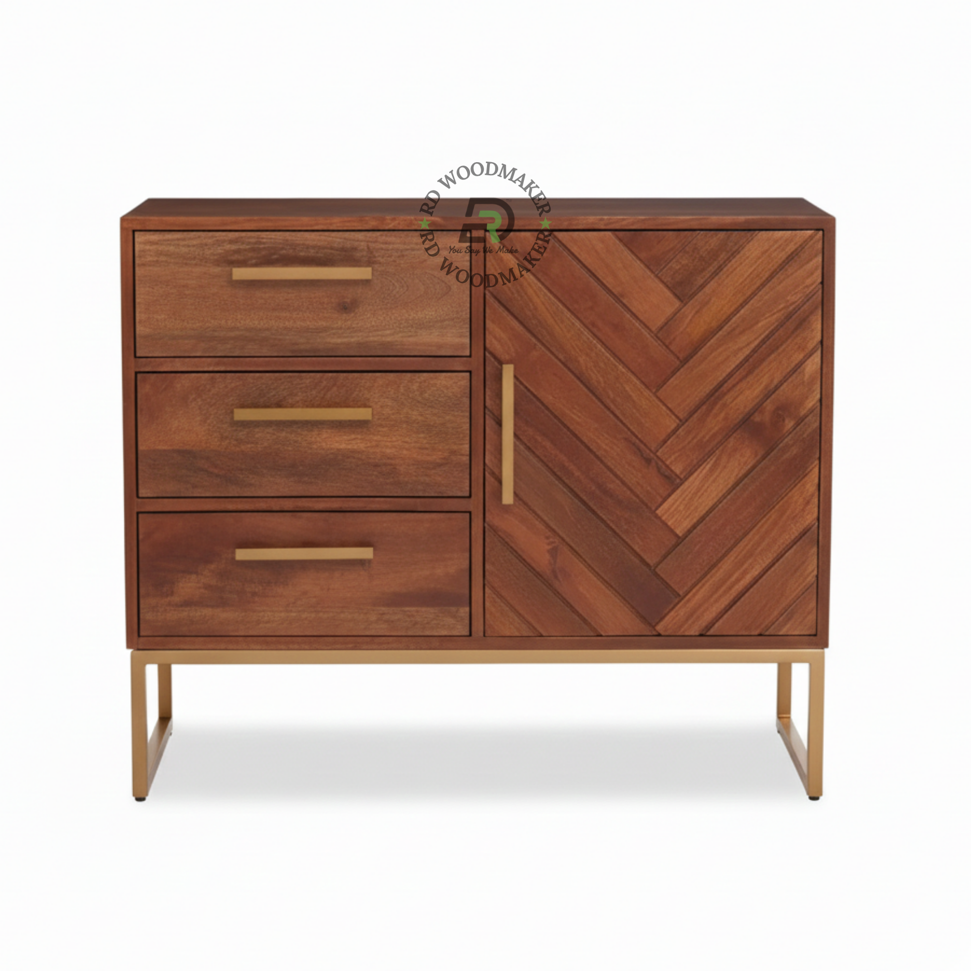 COMPACT HERRINGBONE DESIGN SIDEBOARD WITH METAL BASE