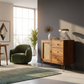 COMPACT CANE PANEL SIDEBOARD WITH METAL LEGS