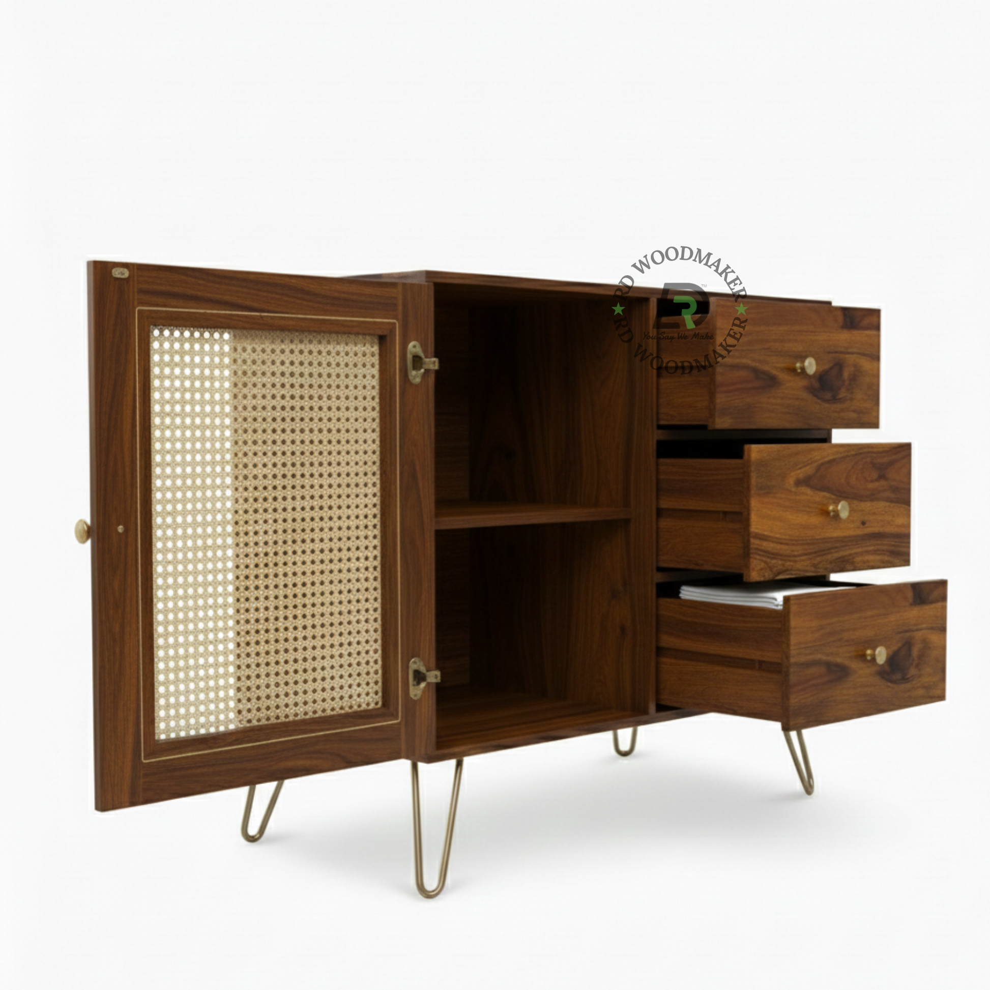 COMPACT CANE PANEL SIDEBOARD WITH METAL LEGS