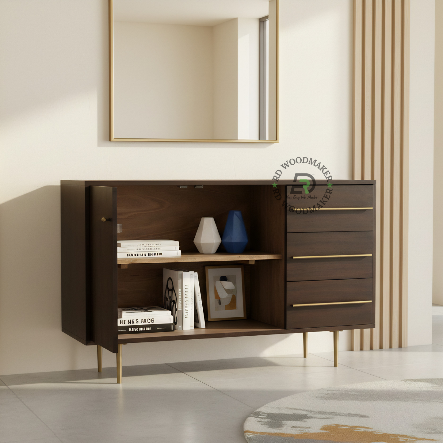 Minimalist Dark Wood Sideboard with 3 Drawers & Cabinet Storage