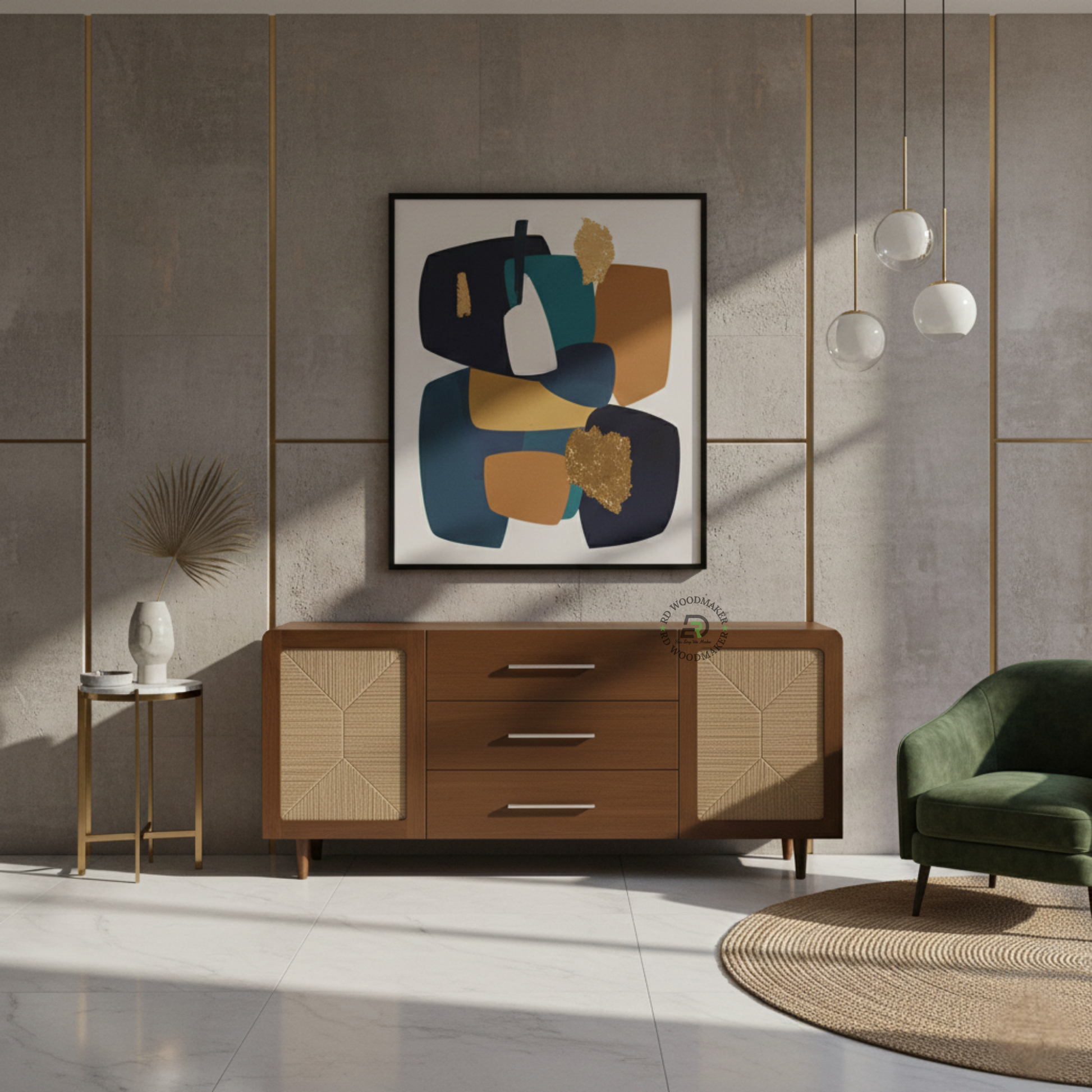 MODERN CANE PANEL SIDEBOARD WITH THREE DRAWERS