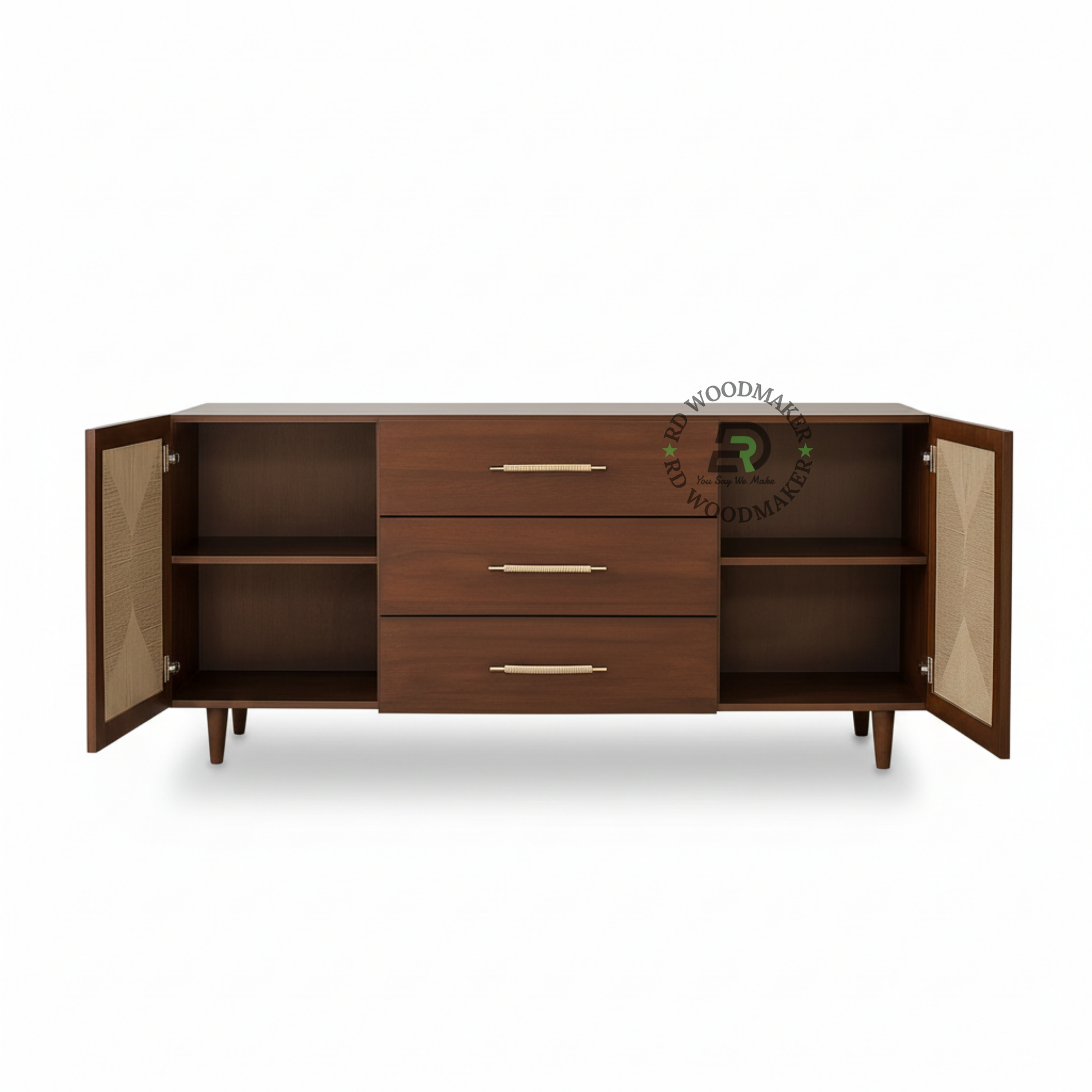 MODERN CANE PANEL SIDEBOARD WITH THREE DRAWERS