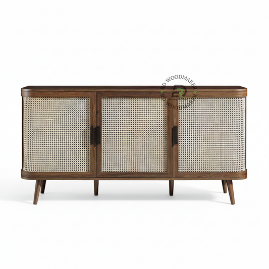 CURVED RATTAN DOOR SIDEBOARD WITH THREE CABINETS