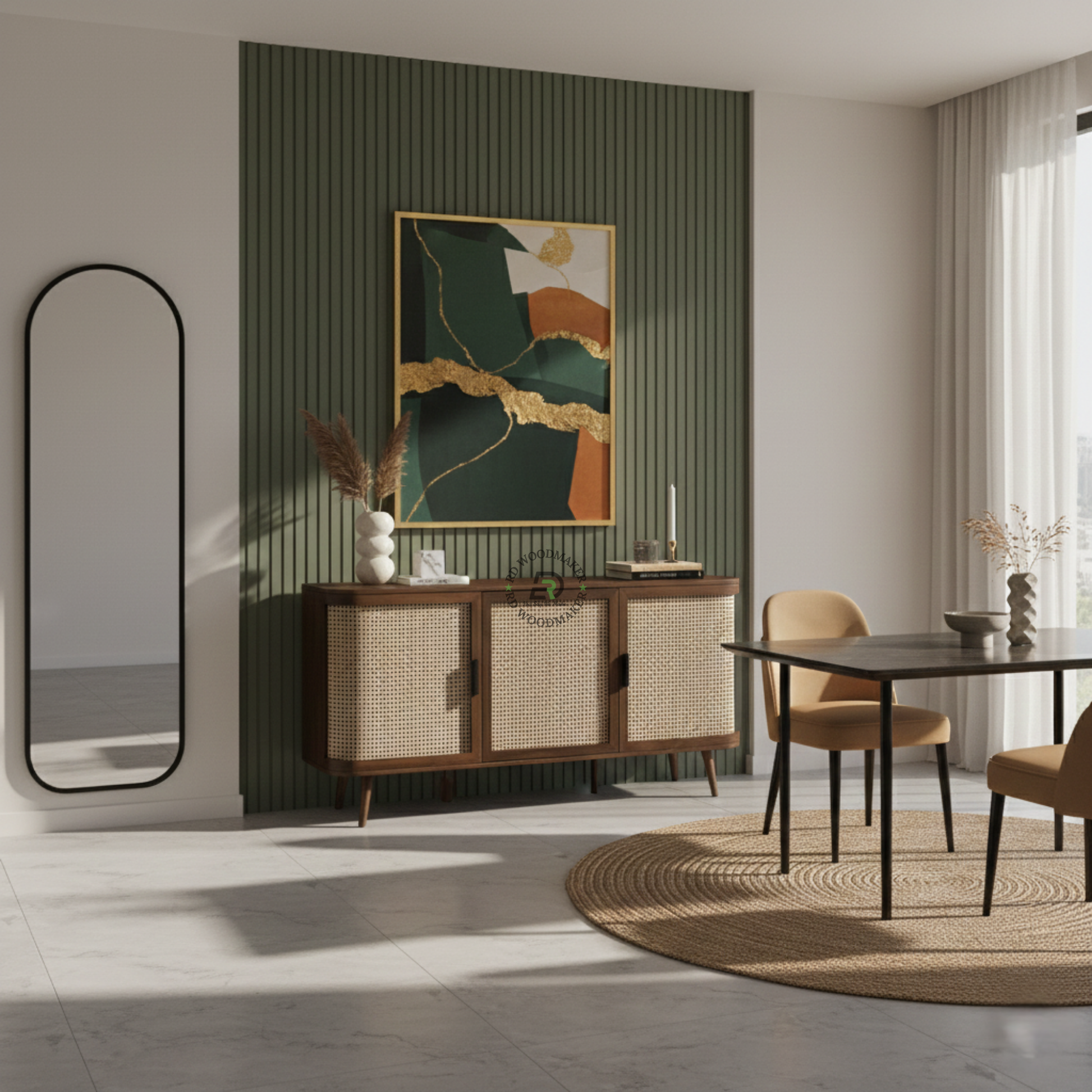 CURVED RATTAN DOOR SIDEBOARD WITH THREE CABINETS