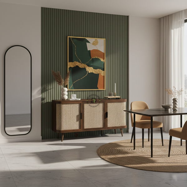 CURVED RATTAN DOOR SIDEBOARD WITH THREE CABINETS