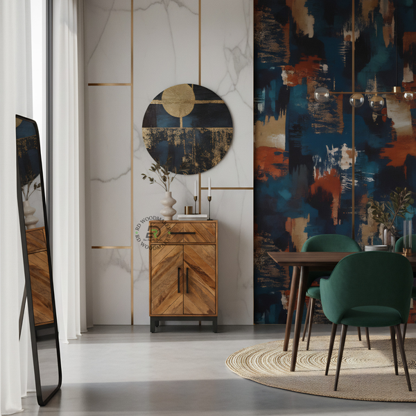 GEOMETRIC WOODEN CABINET WITH DRAWER AND DOUBLE DOORS