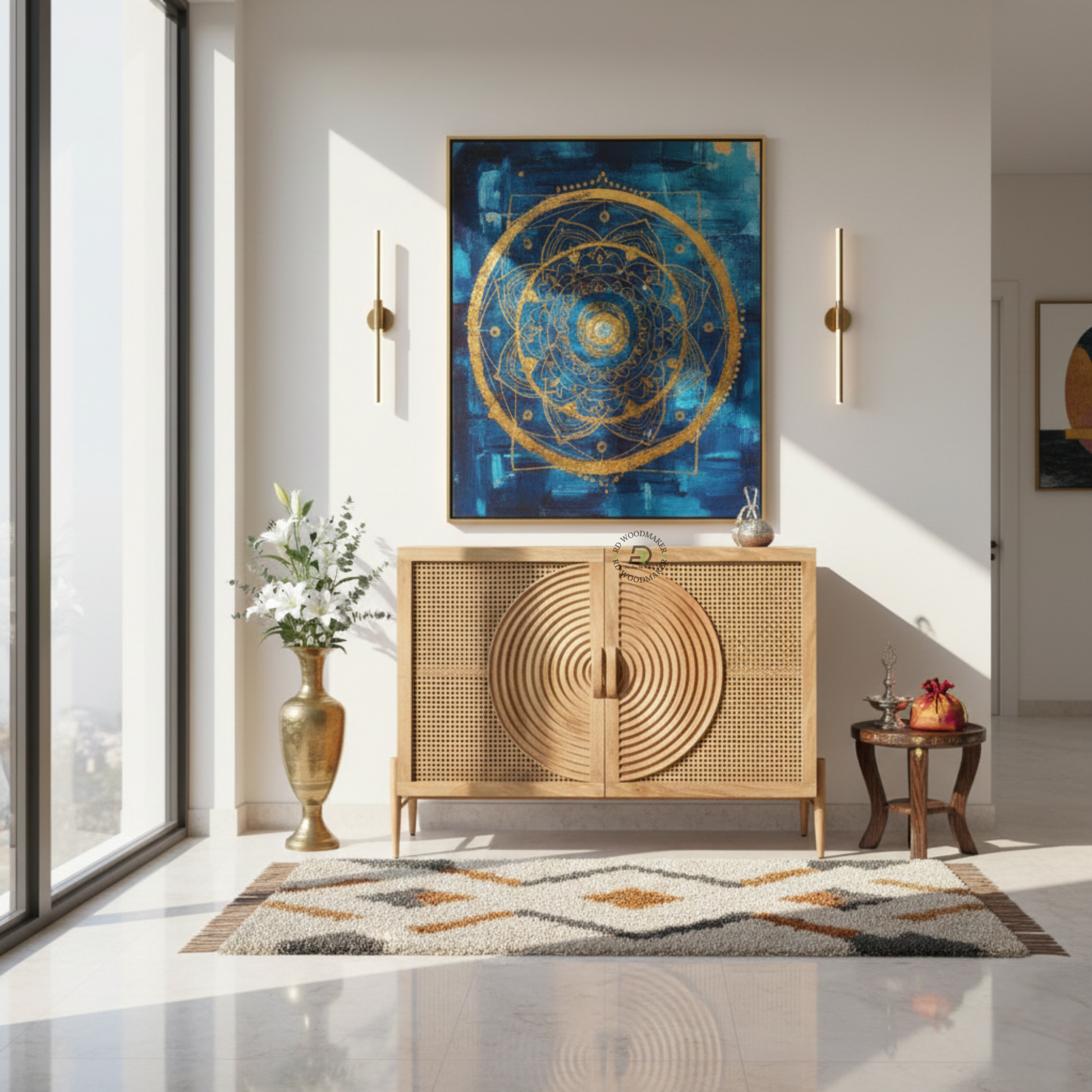 CONTEMPORARY CANE SIDEBOARD WITH CIRCULAR PANEL DESIGN