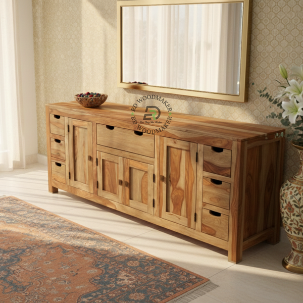 NATURAL SHEESHAM MULTI STORAGE SIDEBOARD WITH DRAWERS