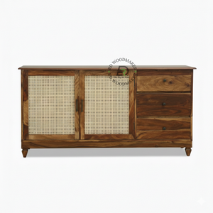 Cane Front Wooden Sideboard with Drawer & Double Door Storage