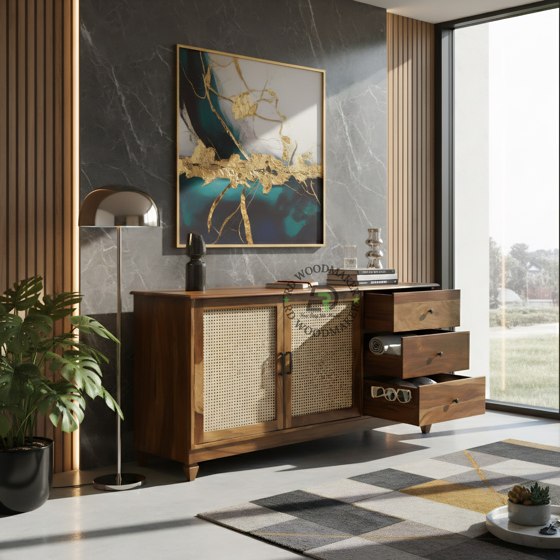 Cane Front Wooden Sideboard with Drawer & Double Door Storage