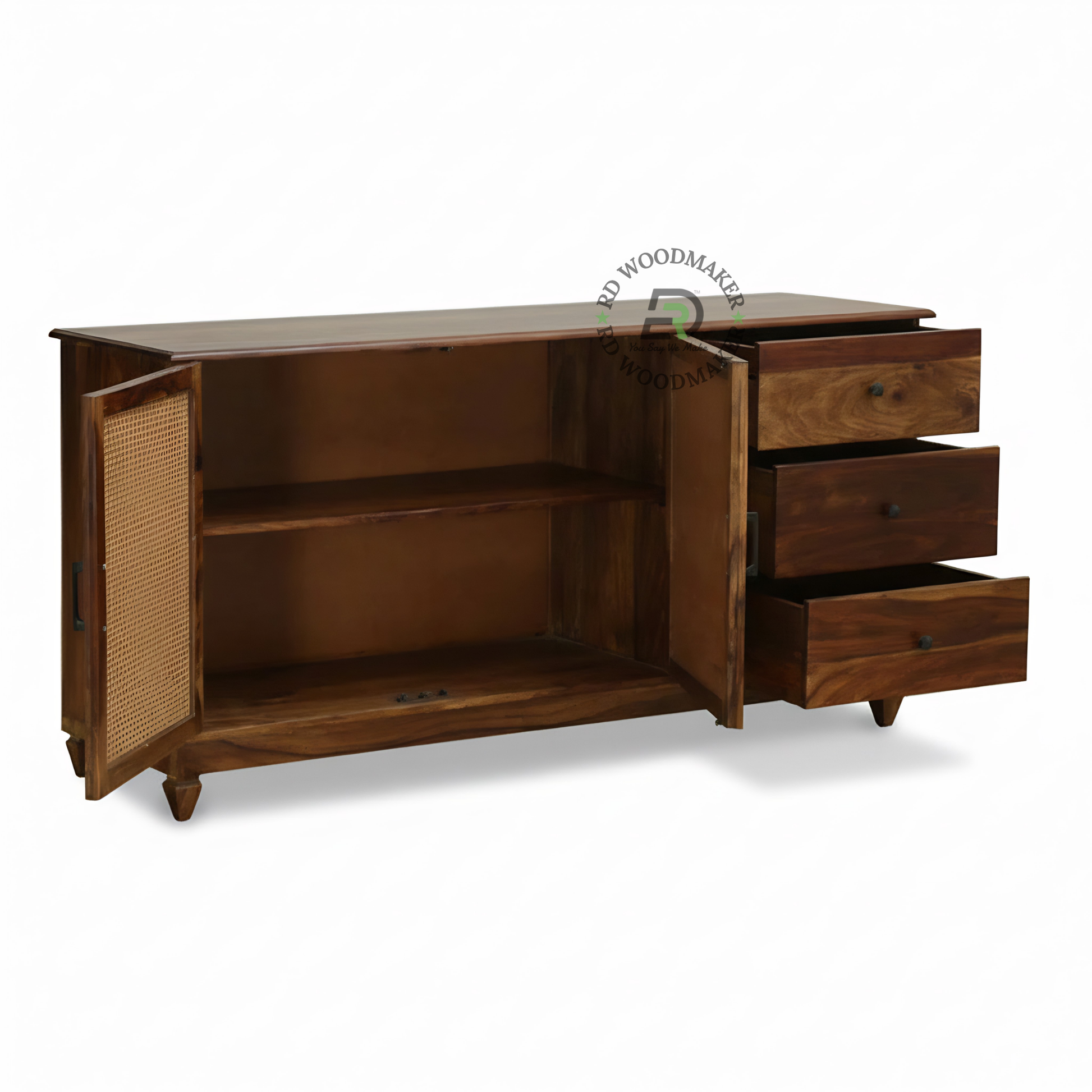 Cane Front Wooden Sideboard with Drawer & Double Door Storage