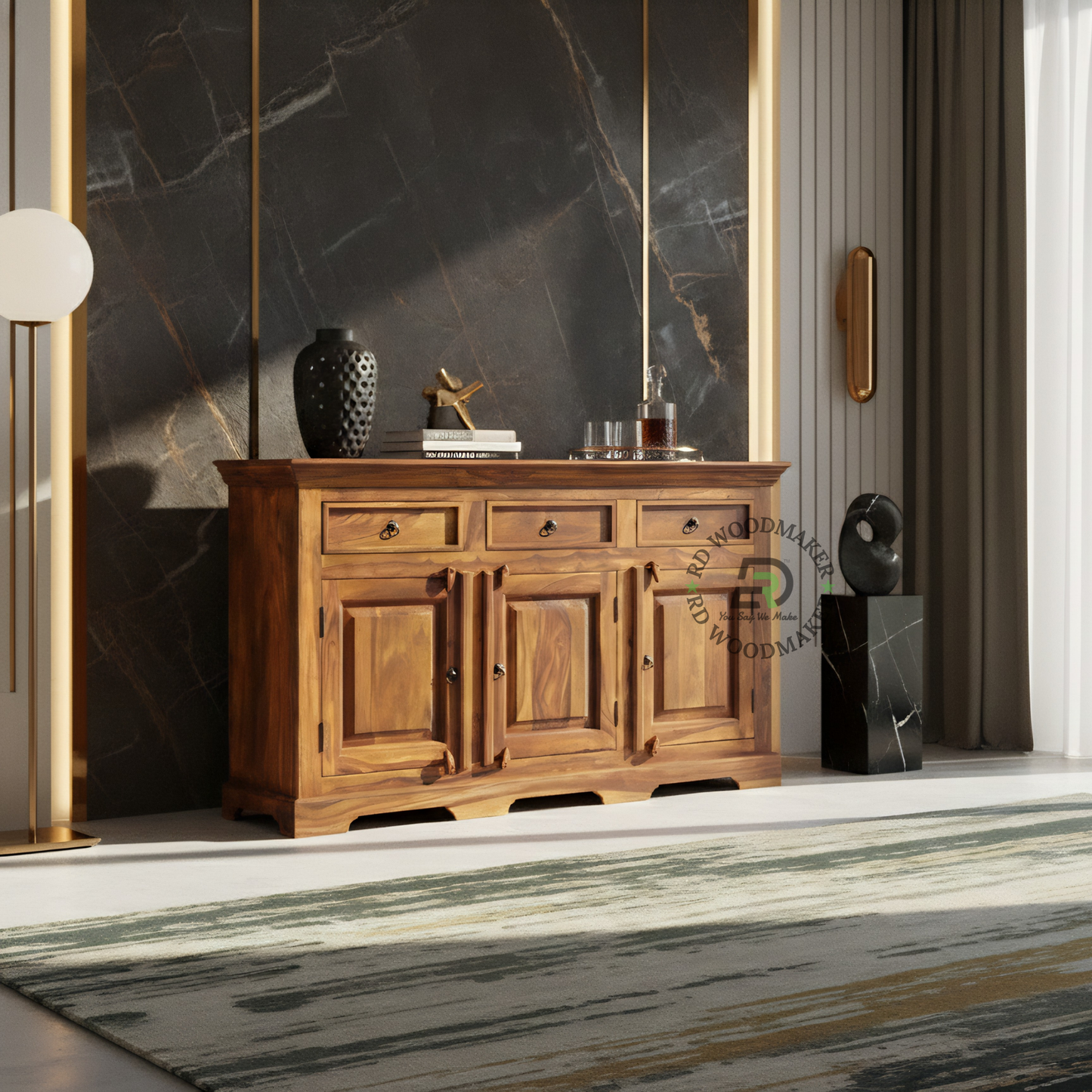 Classic Sheesham Wood 4 Door Sideboard with 3 Drawers Storage