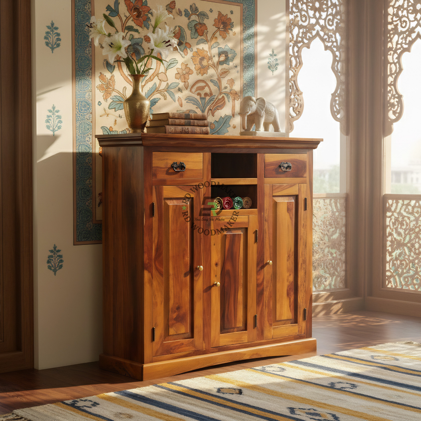 Compact Wooden Sideboard with Open Shelf & Cabinet Storage