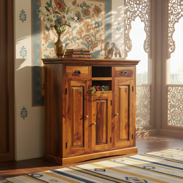 COMPACT WOODEN SIDEBOARD WITH OPEN SHELF & CABINET STORAGE
