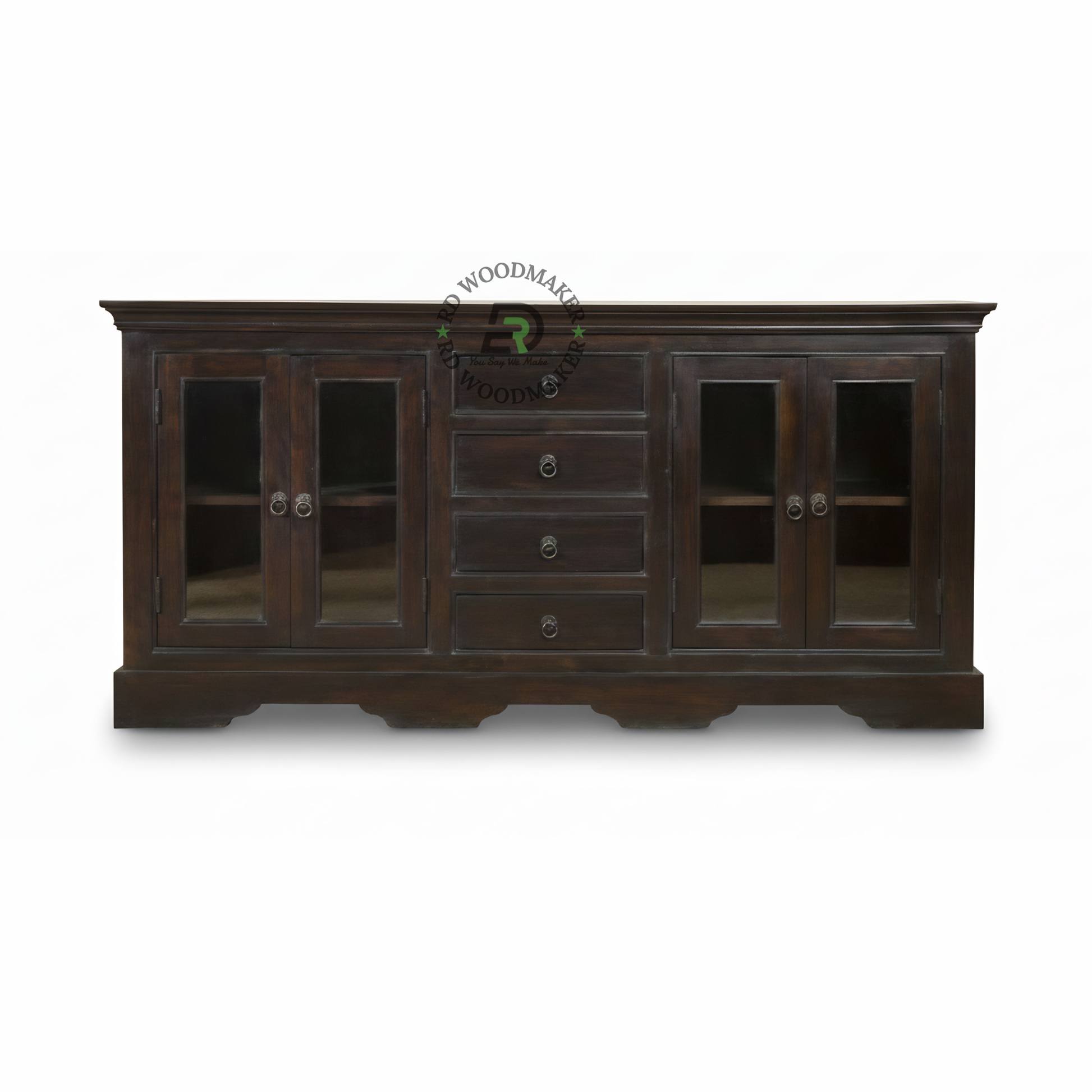 Premium Dark Wood Sideboard with Glass Doors & Drawer Storage