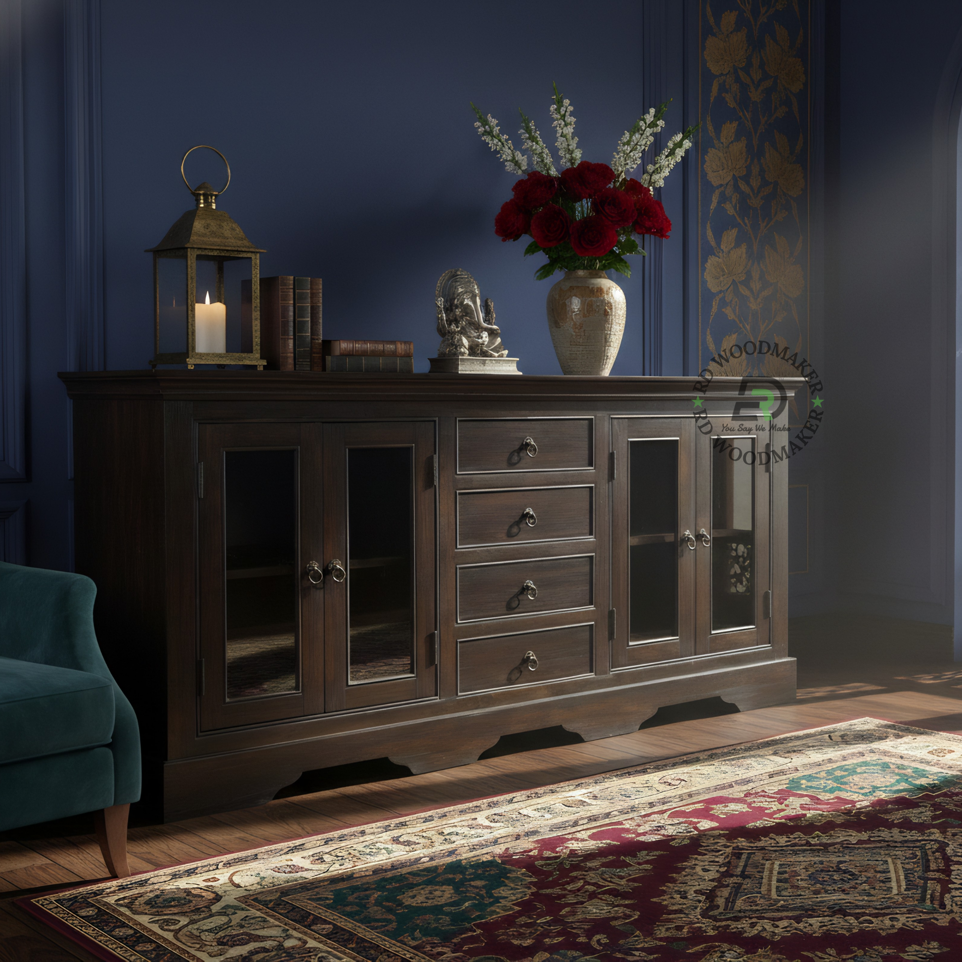 Premium Dark Wood Sideboard with Glass Doors & Drawer Storage