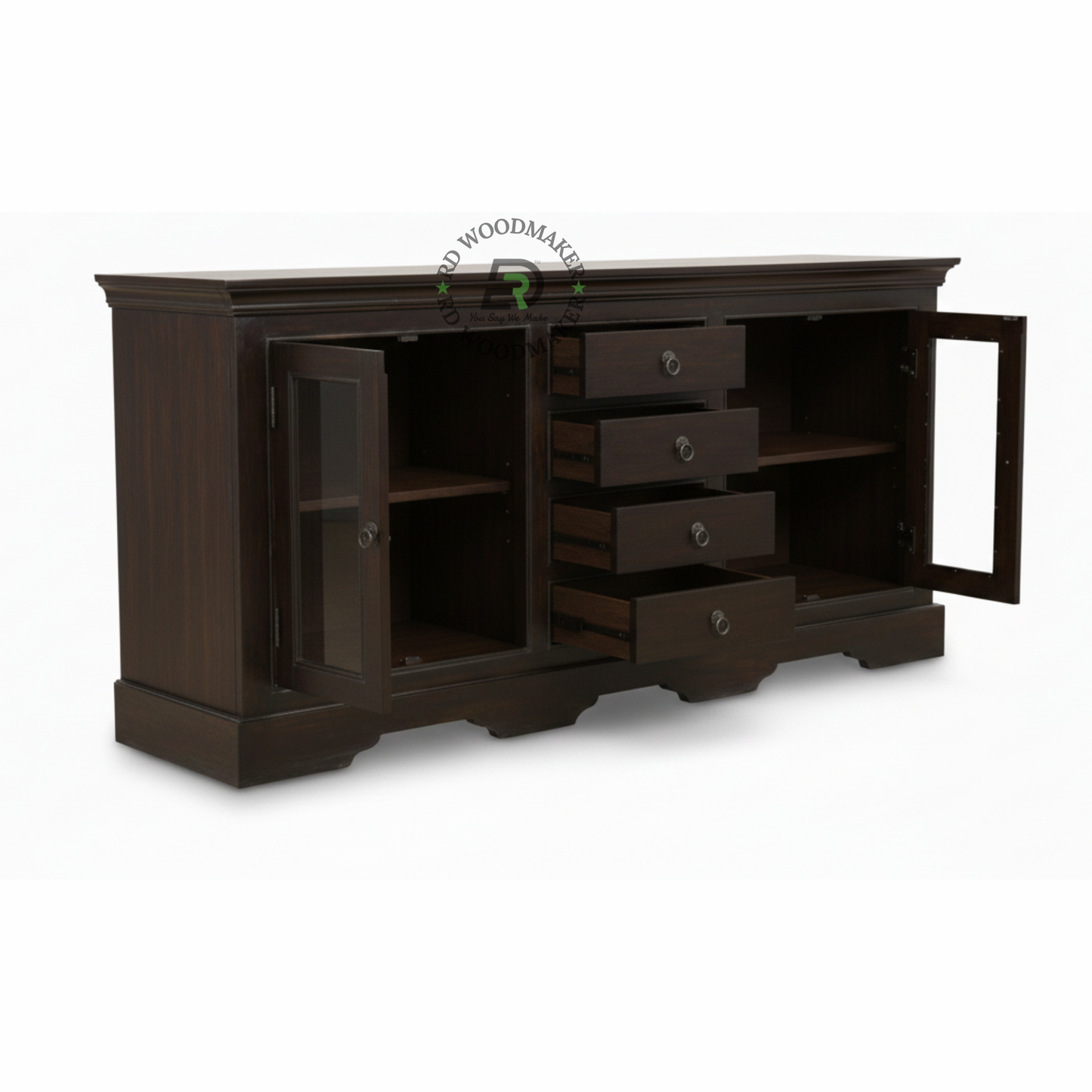 Premium Dark Wood Sideboard with Glass Doors & Drawer Storage