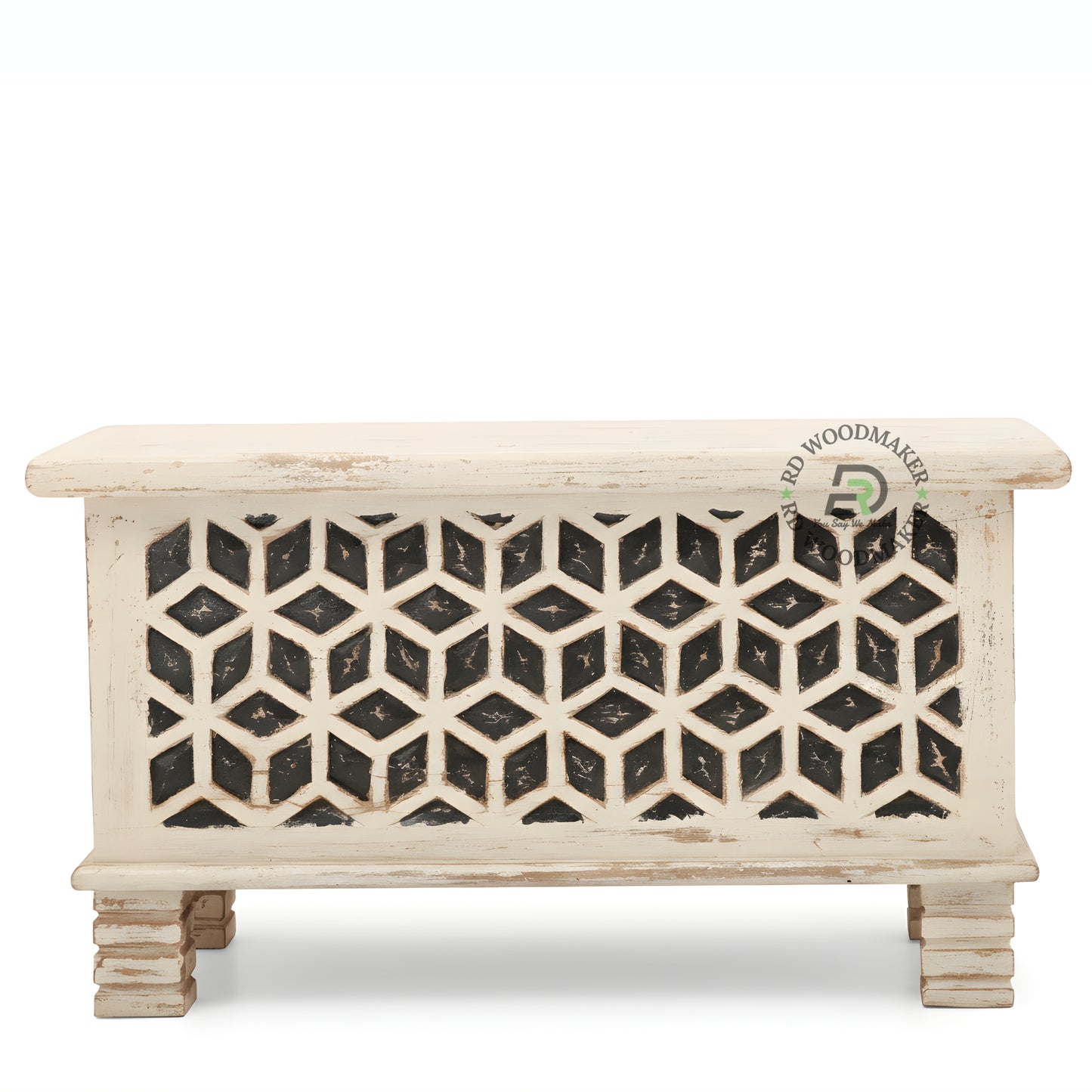 DISTRESSED WHITE GEOMETRIC CUTWORK WOODEN STORAGE TRUNK